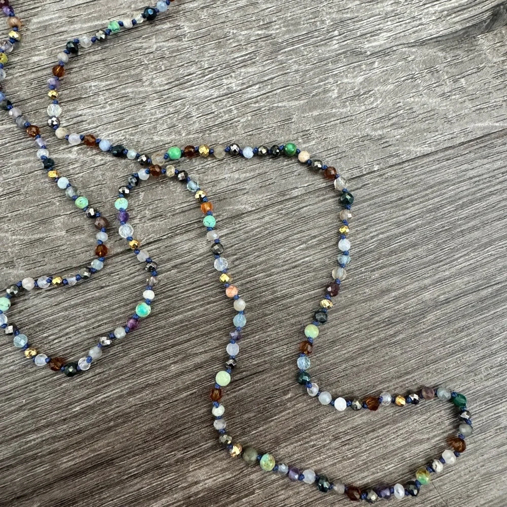 Extra long hand made hand knotted mixed gemstone necklace double layer wrap - Picture 2 of 13